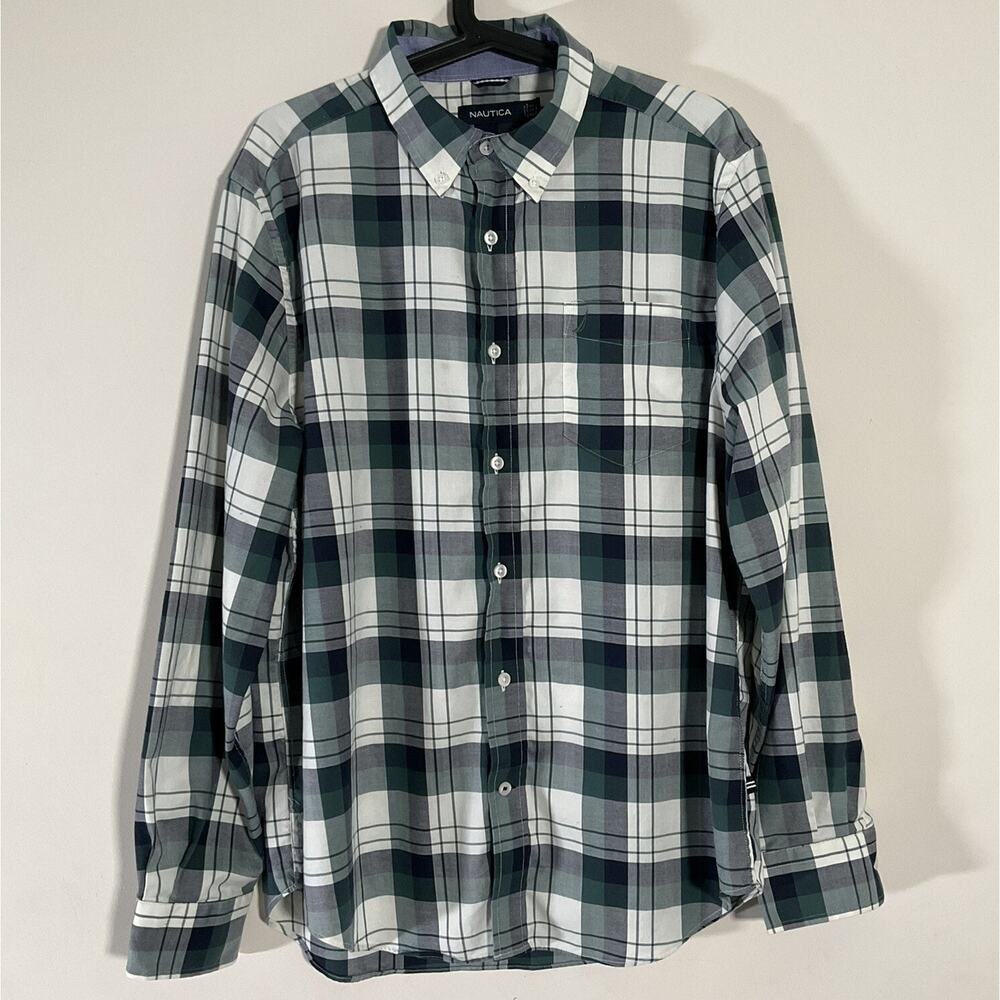 Nautica Shirt XL Green White Check Casual Button Down Preppy Core Coastalcore